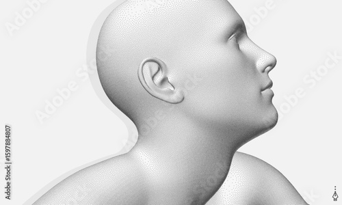 Side view of a human head formed from dots. Face recognition. Stipple style digital face. Concept of technology, anonymity, social disguise. Cybersecurity. 3d vector for presentation, card, cover.