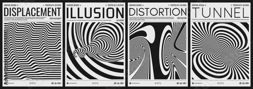 Pattern with optical illusion. Black and white design. Abstract wavy striped background. Tunnel. Dynamic effect. Cover design template. Illustration for brochure, poster, presentation, flyer or banner