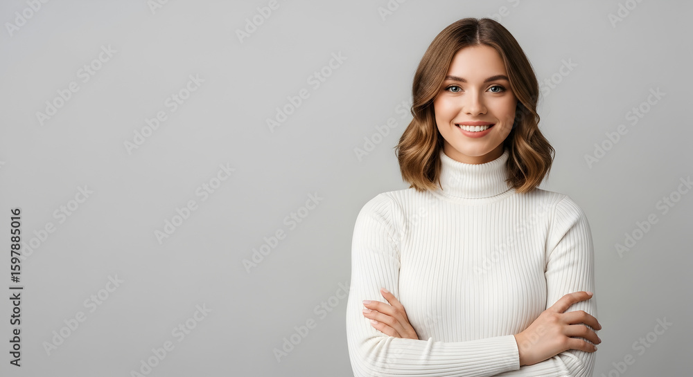 Fototapeta premium Confident Woman in White Turtleneck: Portrait on Gray