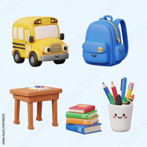 Cute 3D school icons: yellow bus, blue backpack, wooden desk, stacked books, and a pencil holder with stationery, all smiling with friendly faces.