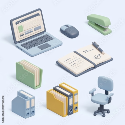 3D illustration of office essentials including laptop, mouse, stapler, chair, folders, binders, and an open notebook with a pen.