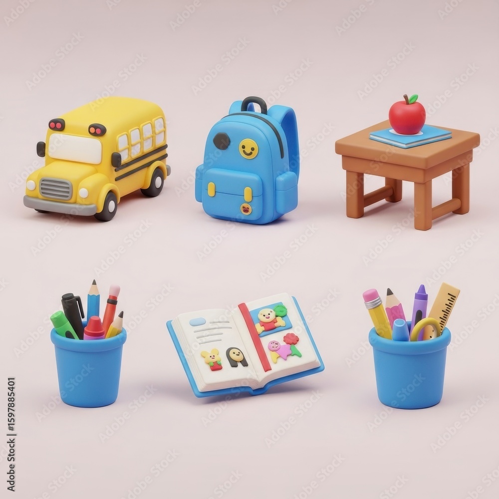 Obraz premium Cute 3D icons of school-related items: bus, backpack, desk with apple, pencil holders, and open book with illustrations.