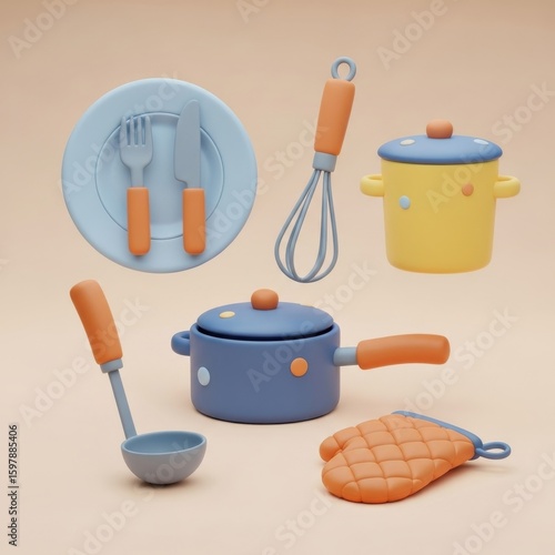 A set of colorful, stylized kitchen utensils and cookware including a plate with cutlery, pots, a whisk, ladle, and oven mitt in pastel tones.