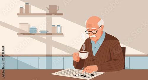 Senior Man Enjoys Morning Coffee and Crossword Puzzle At Home Illustration
