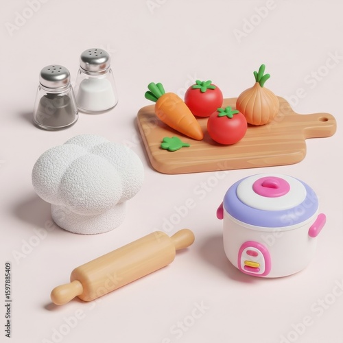 A collection of toy kitchen items including vegetables, salt and pepper shakers, a chef