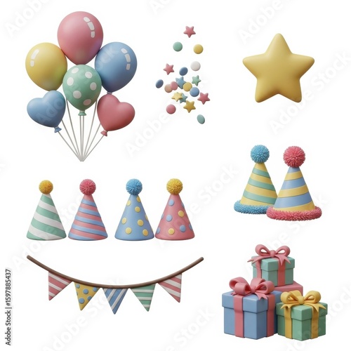 Colorful party decorations including balloons, confetti, stars, party hats, bunting, and gift boxes in pastel shades.