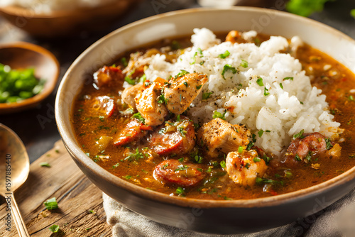 Bowl of homemade chicken and sausage gumbo served with fluffy white rice