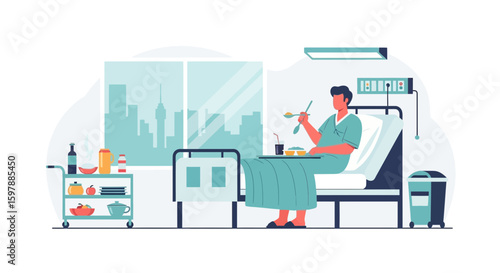 Patient Eating Meal In Hospital Bed Recovering In Front Of City Skyline View
