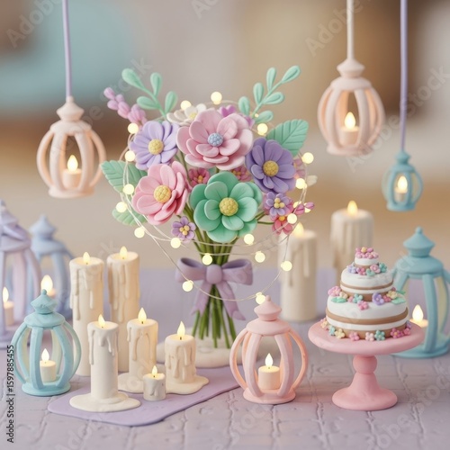 A pastel-themed decorative arrangement featuring colorful paper flowers, lit candles in lanterns, and a small cake on a table setting.