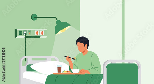 Patient Enjoying Meal In Hospital Bed Under Examination Light Illustration