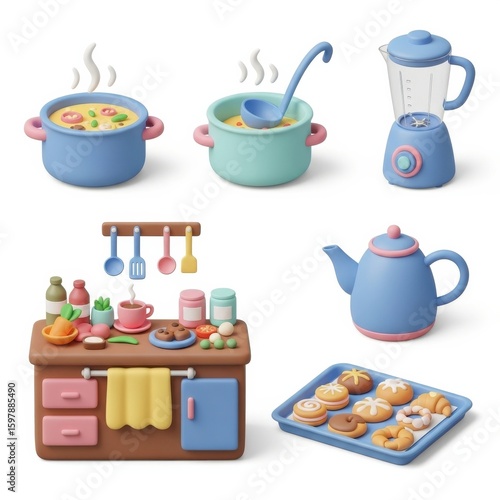 Cute 3D illustrations of kitchen cookware, appliances, and baked goods in pastel colors.