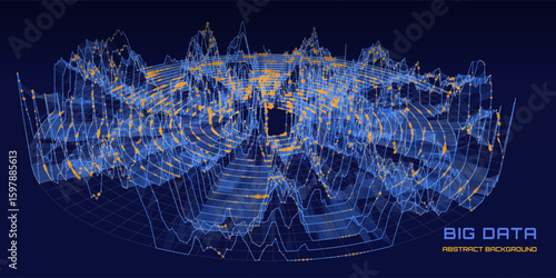 Abstract futuristic graph information computing  on disk space in dark cyberspace. Complex Big Data analysis processing. Digital AI technology information bar with circles.