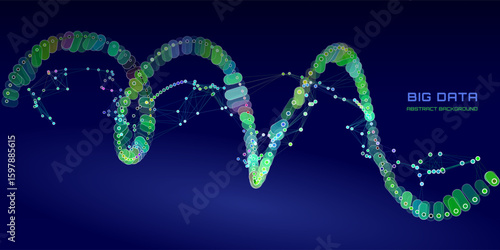 Futuristic background helix  lines from dots data quantum computing with polygons grid in cyberspace dark . Digital technology concept research. Big data.