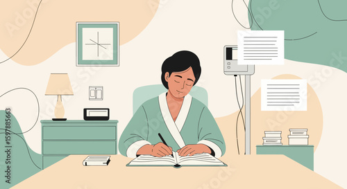 Patient In Robe Writes In Journal At Desk In Hospital Room Illustration