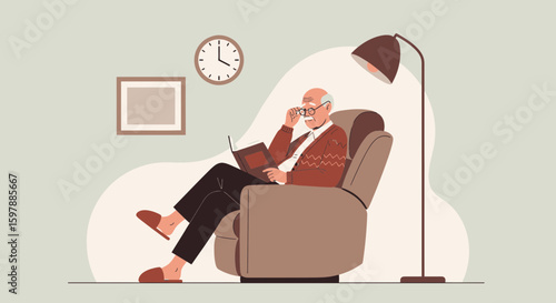 Senior Man Reads a Novel in His Armchair at Home Illustration