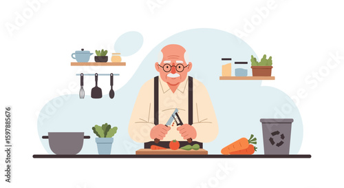 Senior Man Preparing Vegetables In His Kitchen Using A Vegetable Peeler