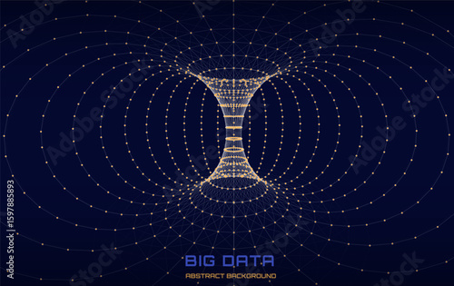 Abstract  visualization phesicien physical field  in dark background. Concept scientific technology, forces lines conecting dots  in space torus. Vector Illustration.