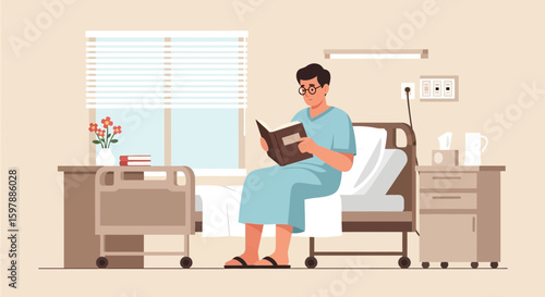 Patient Recuperating Reading a Novel In Hospital Bed Illustration Graphic