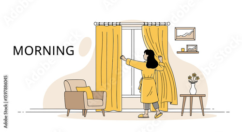 Woman Opening Curtains To Welcome Morning Light And New Day Start Concept