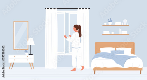 Woman Opens Window In Bedroom To Let Fresh Air Inside Home Interior