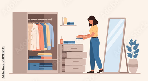 Woman Organizing Clothes And Maintaining A Tidy Wardrobe In Minimalist Style