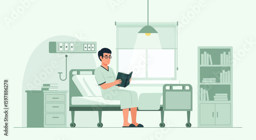 Patient Relaxing With A Book In A Hospital Bed During Recovery Process