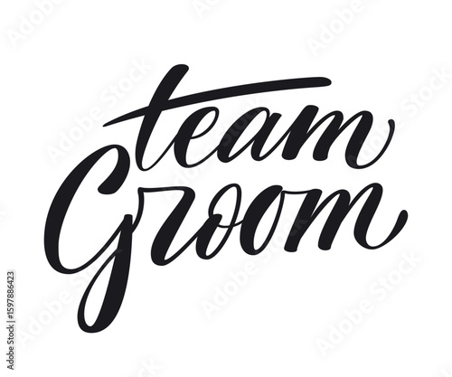 Team Groom. Modern calligraphy lettering. Text with heart for bachelor party, wedding invitation. Template vector file