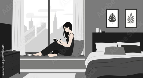 Serene Morning: Woman Journaling by the Window in Modern Minimalist Bedroom Scene