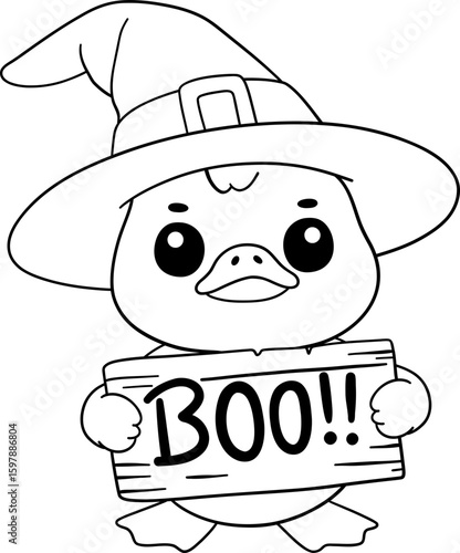 halloween little duck wearing a witch hat holding a sign that says boo in outline cartoon style