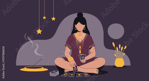 Woman Practicing Divination With Tarot Cards For Future Insights Under Starry Night