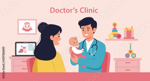 Pediatrician Holding Newborn Baby Giving Checkup To Mother In Clinic