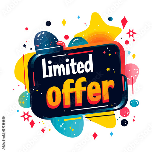 This playful, illustrative icon features a "Limited Offer" banner with abstract shapes and stars, perfect for websites or blogs promoting sales, deals, or special promotions.

