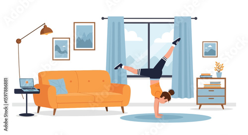 Woman Practicing Handstand At Home Staying Active In Her Living Room