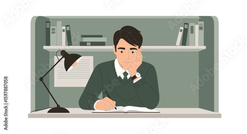 Pensive Student Concentrating On Homework With Lamp And Books In Home Office