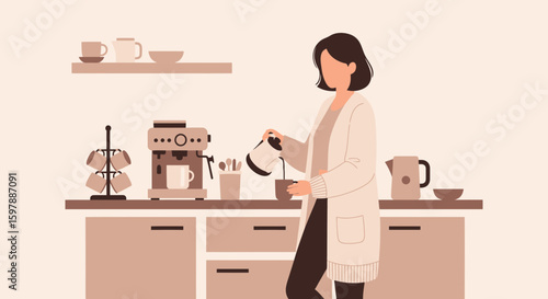 Woman Prepares Coffee With Modern Espresso Machine At Home Kitchen Interior