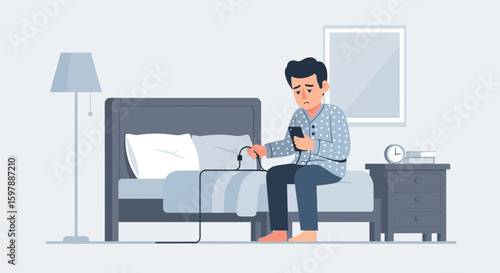 Sleepless Young Man Stressed And Suffering From Insomnia Looking Smartphone Late Bedtime