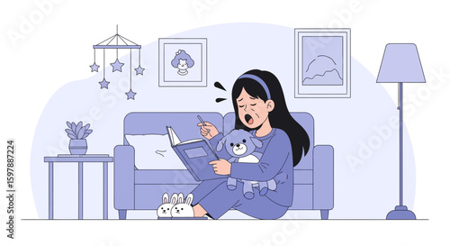 Sleepy Student Reading Book On Couch After Long Day In School