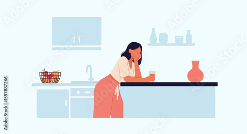 Pensive Woman Sipping Drink At Kitchen Counter In Minimalistic Home Interior