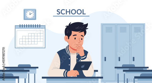 Pensive Student Using Tablet In School Classroom For E-Learning Education