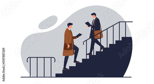 People Ascending And Descending Stairs While Immersed In Reading Books Illustration