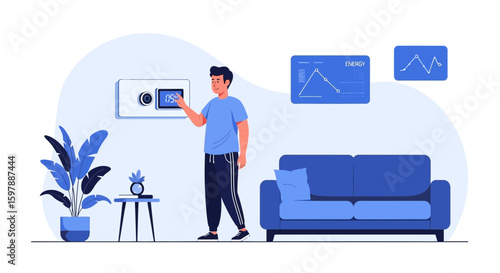 Smart Home Automation Man Controlling Temperature With Digital Touchscreen Panel