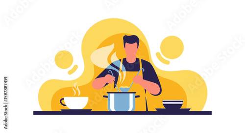 Person Cooking Meal With Ladle In Kitchen At Home Preparing Lunch