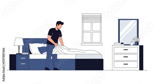 Person Making The Bed In Modern Bedroom In The Morning