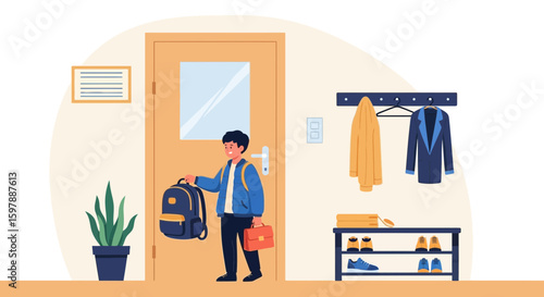Smiling Boy Going To School With Backpack And Lunchbox At The Doorway