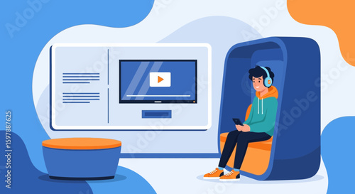 Person In Modern Pod Watching Video And Listening Music On Mobile Device