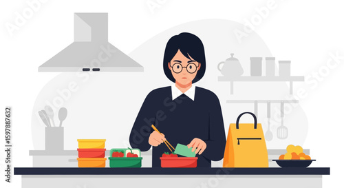 Woman Preparing Healthy Meal In Kitchen For Packed Lunch Vector Illustration