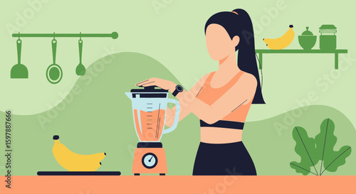 Woman Preparing Healthy Smoothie In Kitchen For Wellbeing And Healthy Lifestyle