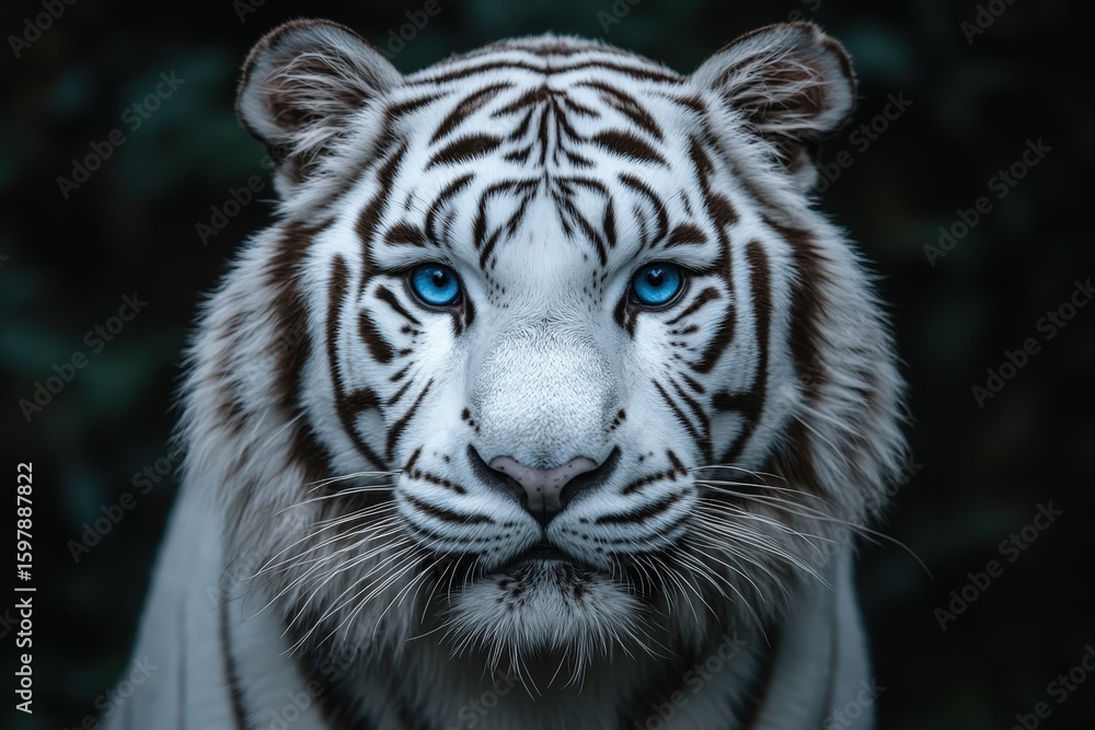 Fototapeta premium A stunning, artistic portrait of a majestic white tiger with piercing blue eyes. The intense, direct gaze and incredible detail of its fur and stripes create a powerful and captivating image
