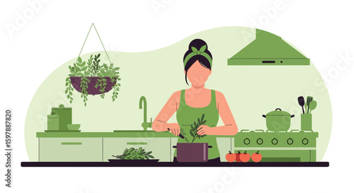 Woman Preparing Healthy Vegetarian Meal With Fresh Herbs At Home Kitchen