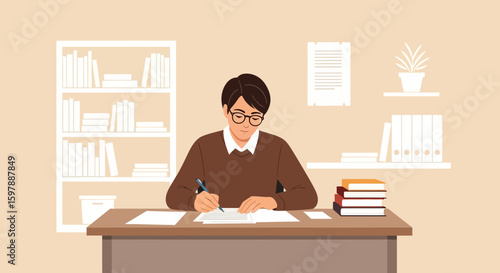 Person Studying At Desk With Books And Paper For Education Concept